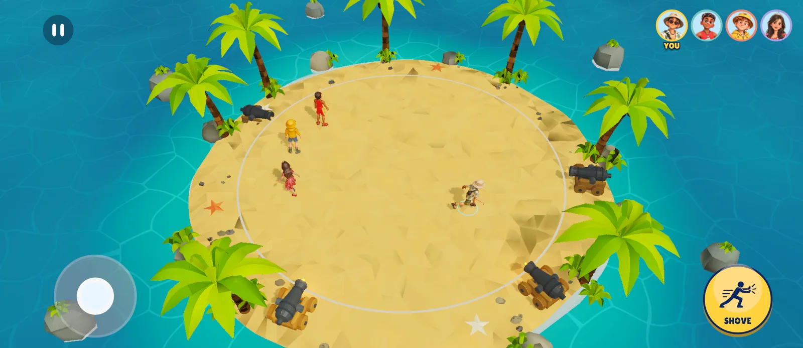 Four players on a small sandy island ringed with cannons