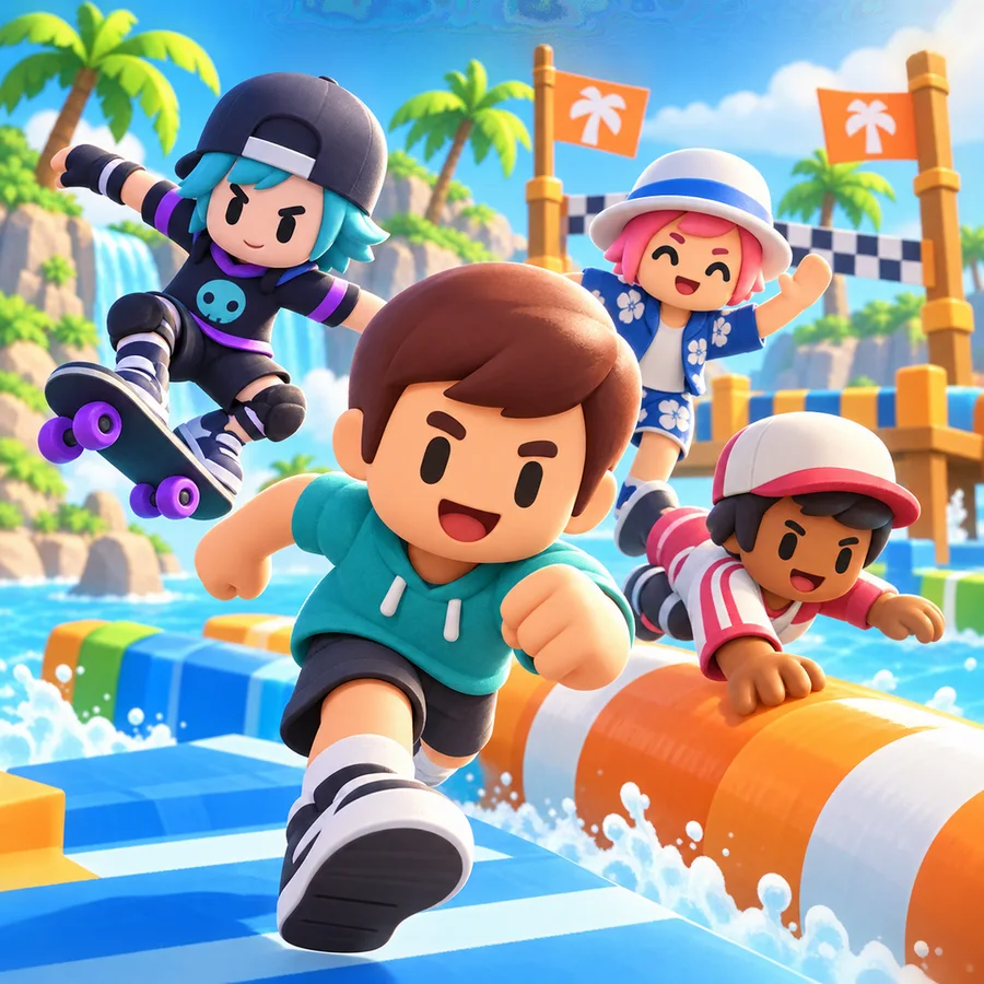Four Party Island characters racing across a sunny water course