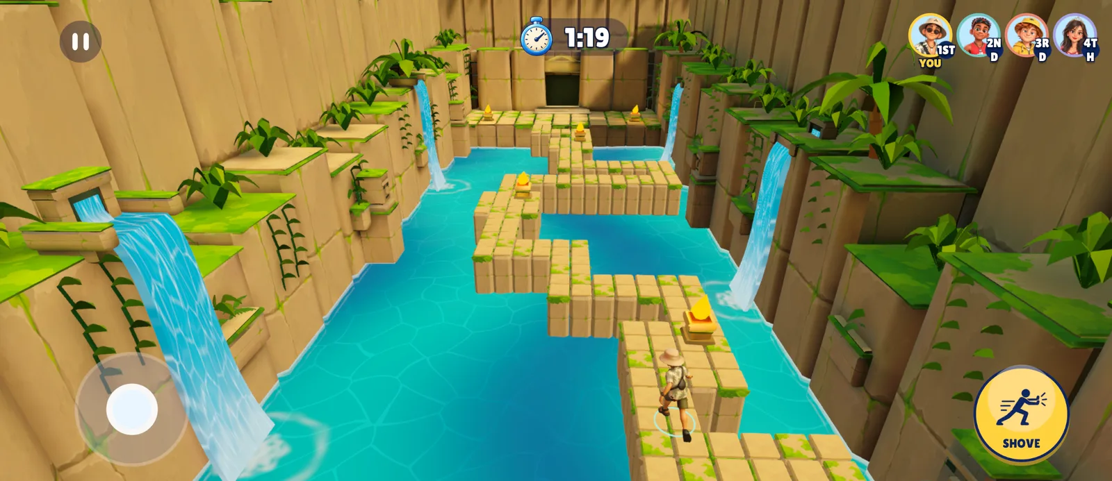 A player crossing stepping stones through a temple lagoon