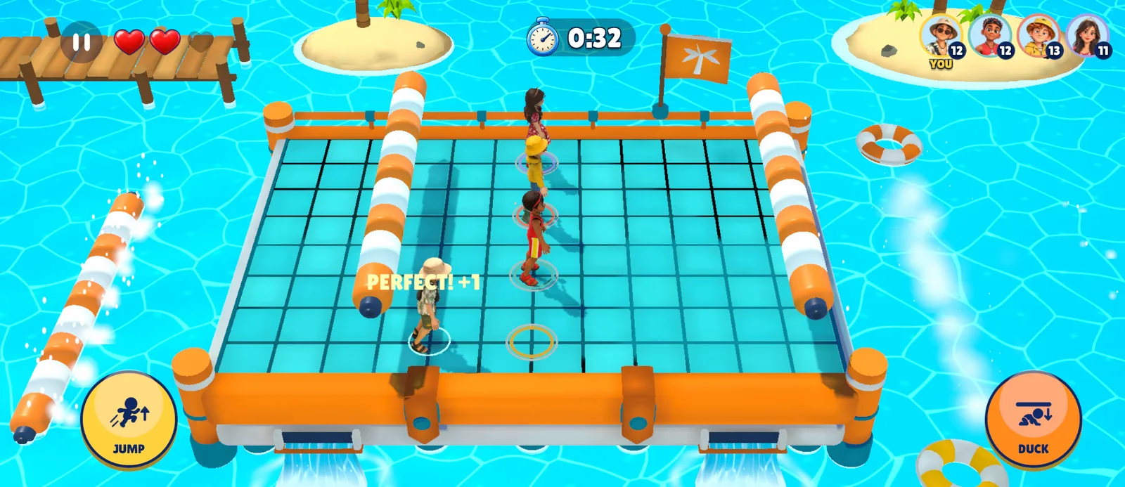 Players jumping over rollers on a floating raft