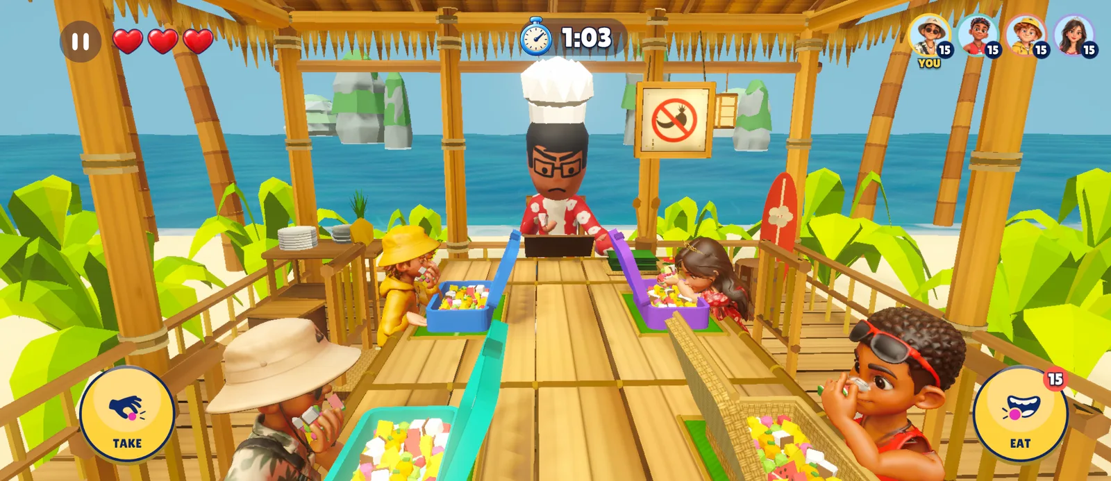Four diners sneaking fruit while a chef reads his clipboard